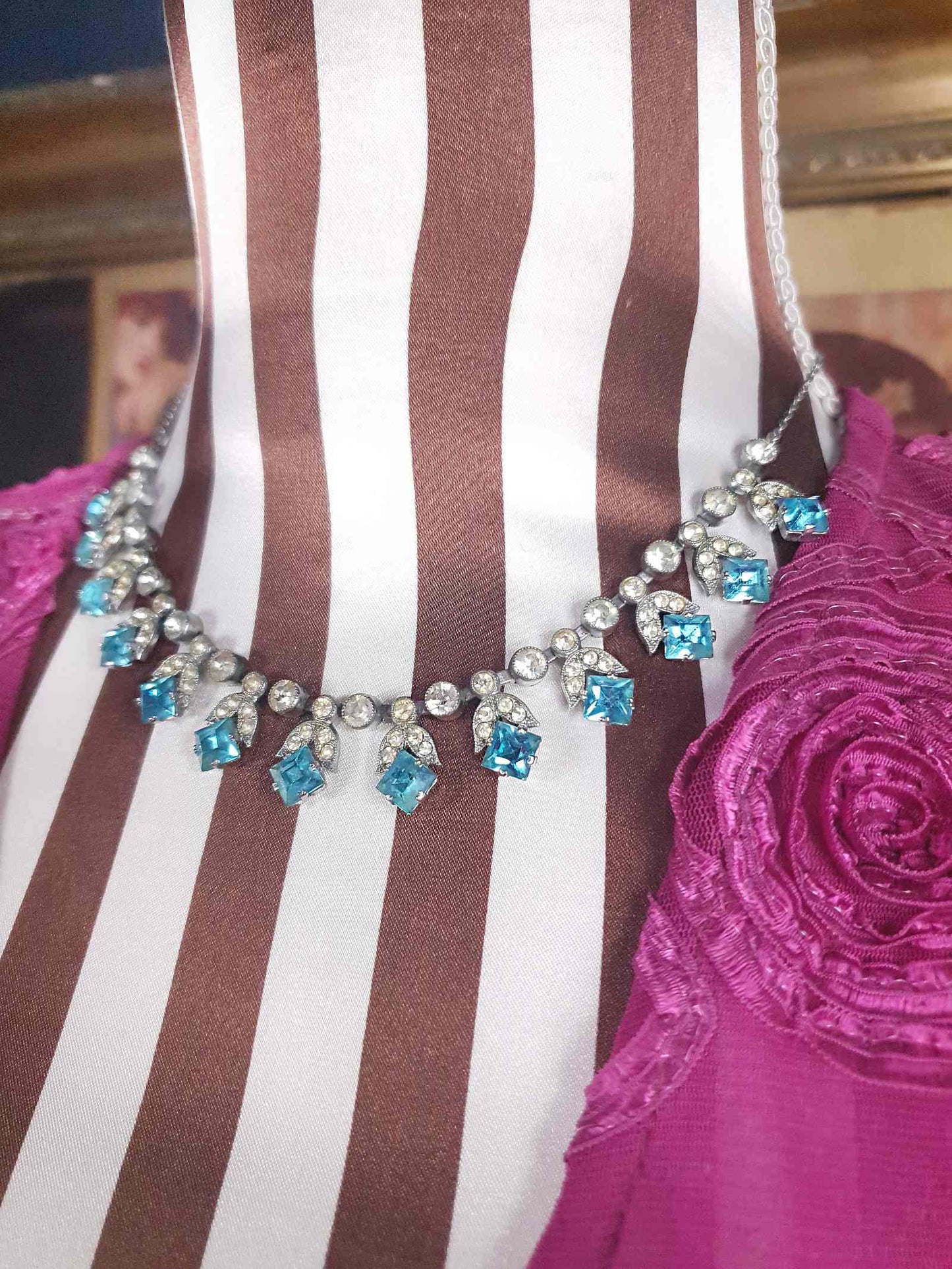 1950s Vintage Blue Rhinestone Necklace Choker 15" Mid-Century