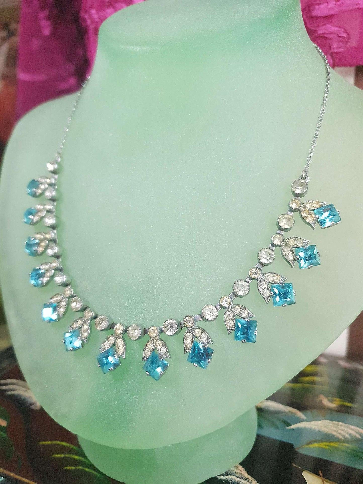 1950s Vintage Blue Rhinestone Necklace Choker 15" Mid-Century