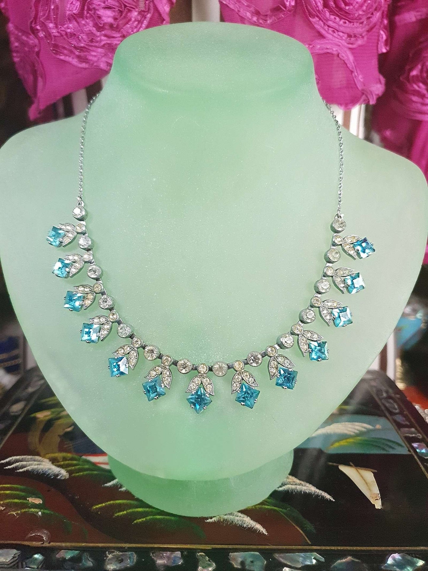 1950s Vintage Blue Rhinestone Necklace Choker 15" Mid-Century