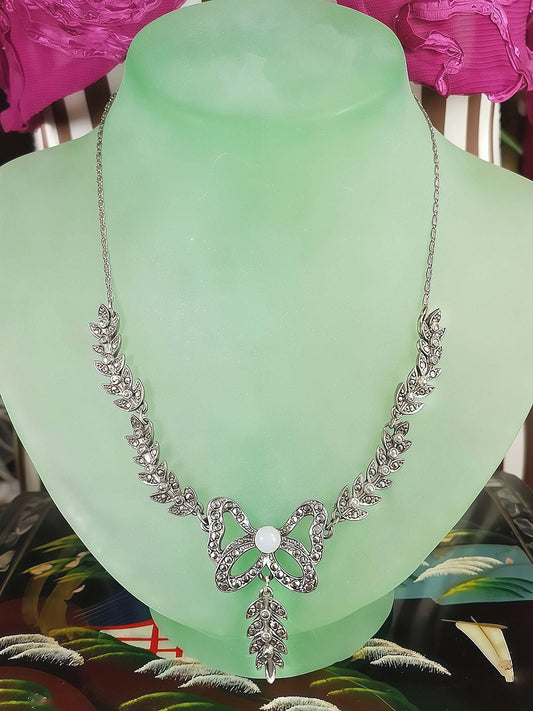 1950s Vintage Marcasite Leaf Bow Necklace Pendant Choker Victorian Revival