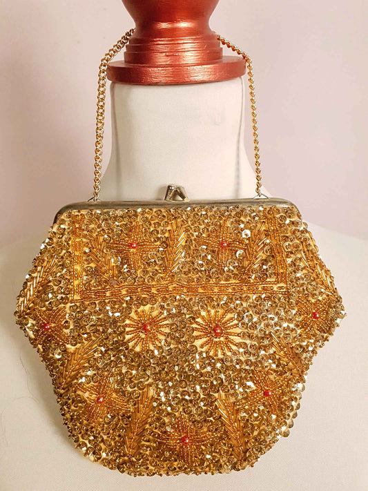 Vintage 1960s Gold Evening Bag Bead Sequin Handbag Party