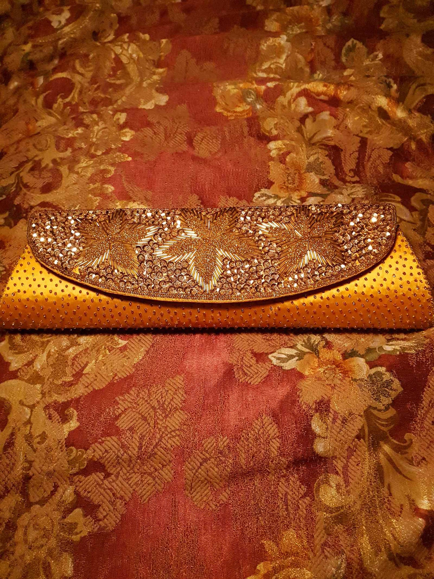 Beautiful Vintage 1960s Orange Satin Beaded Baguette Clutch Bag