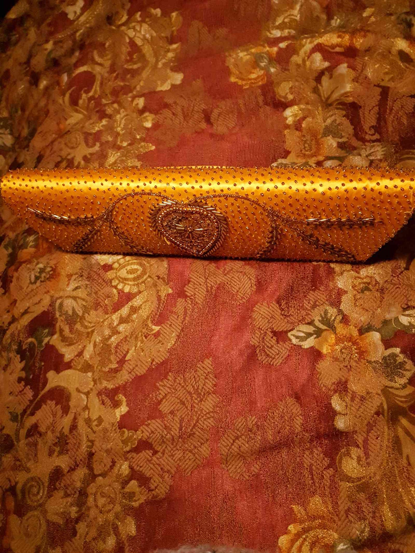 Beautiful Vintage 1960s Orange Satin Beaded Baguette Clutch Bag