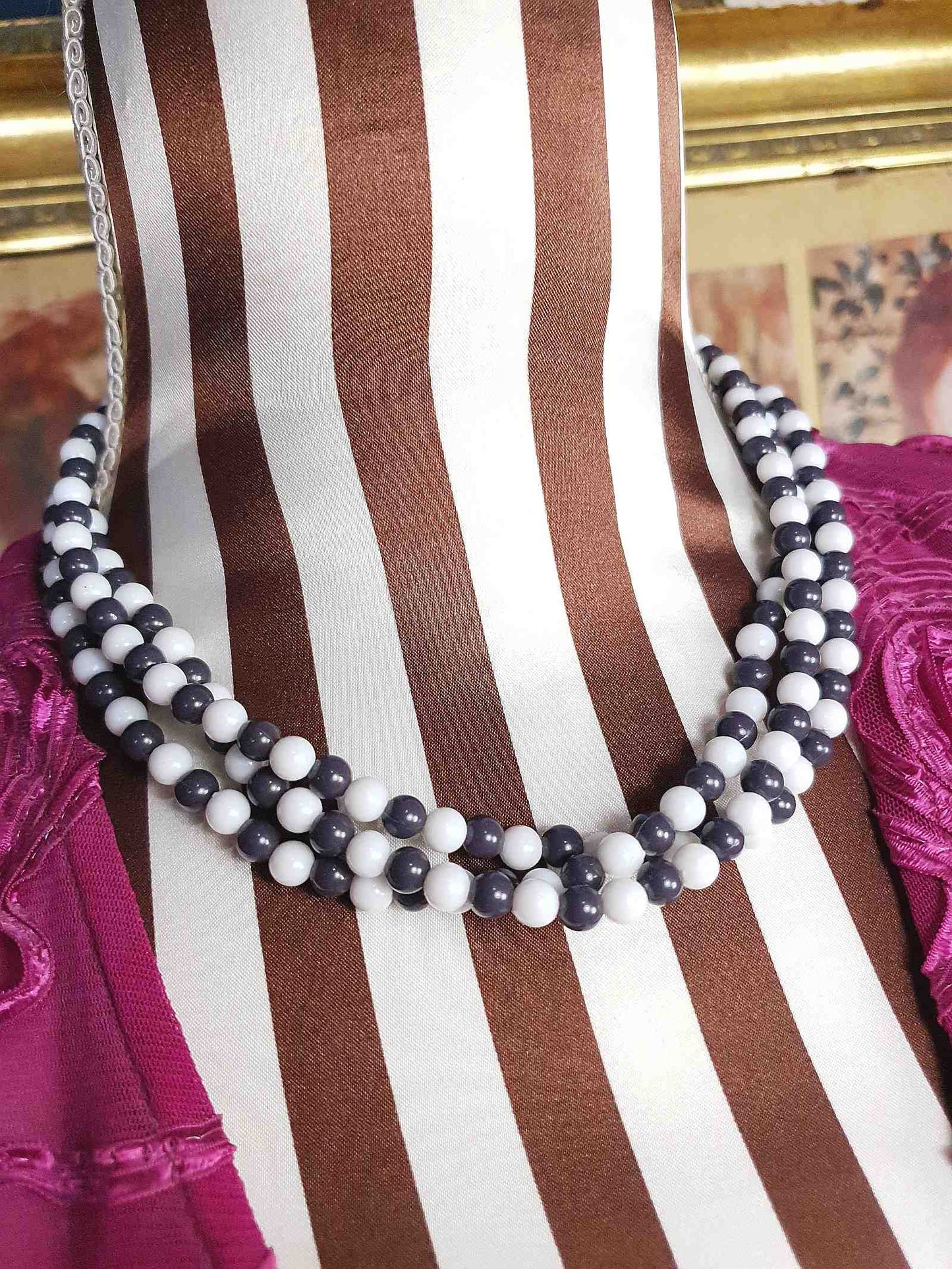 1960s Vintage Mod Blue White Necklace Three Strands Retro