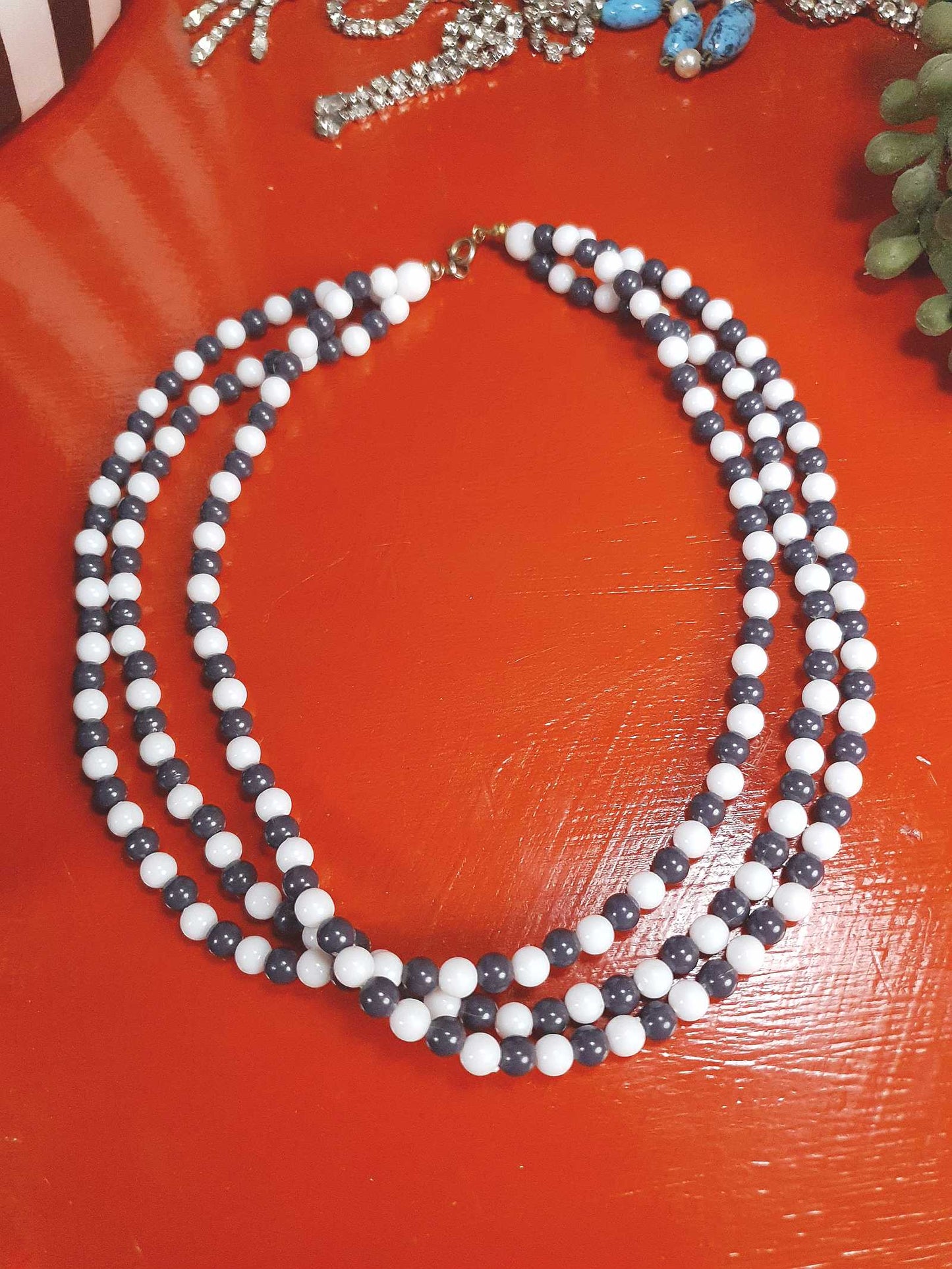 1960s Vintage Mod Blue White Necklace Three Strands Retro