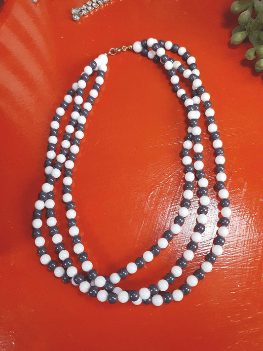 1960s Vintage Mod Blue White Necklace Three Strands Retro