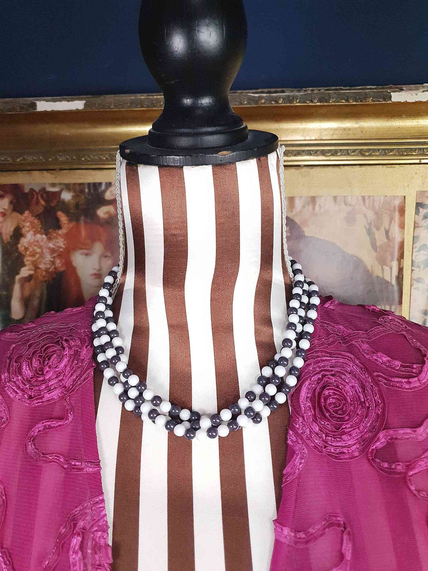 1960s Vintage Mod Blue White Necklace Three Strands Retro