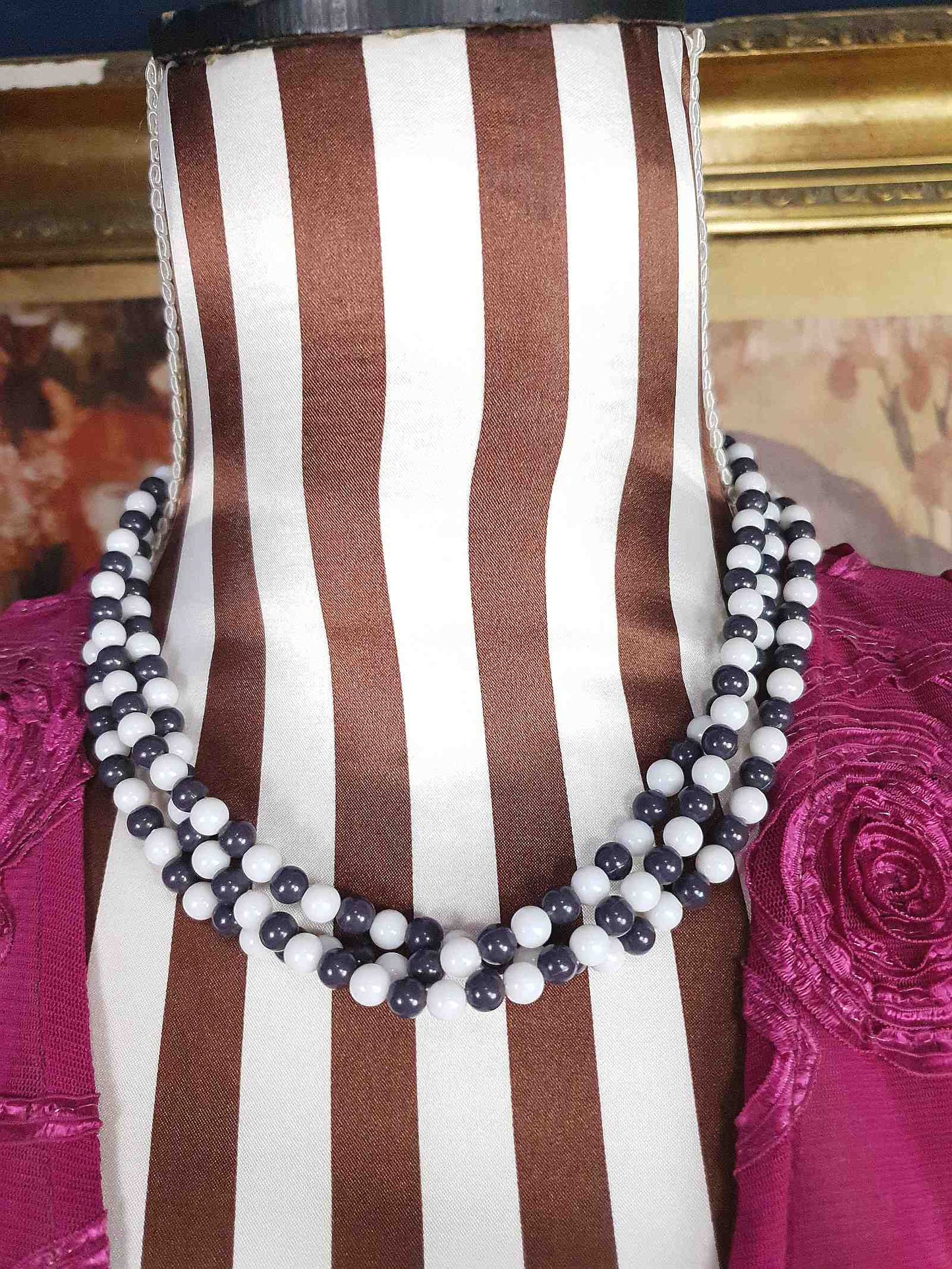 1960s Vintage Mod Blue White Necklace Three Strands Retro