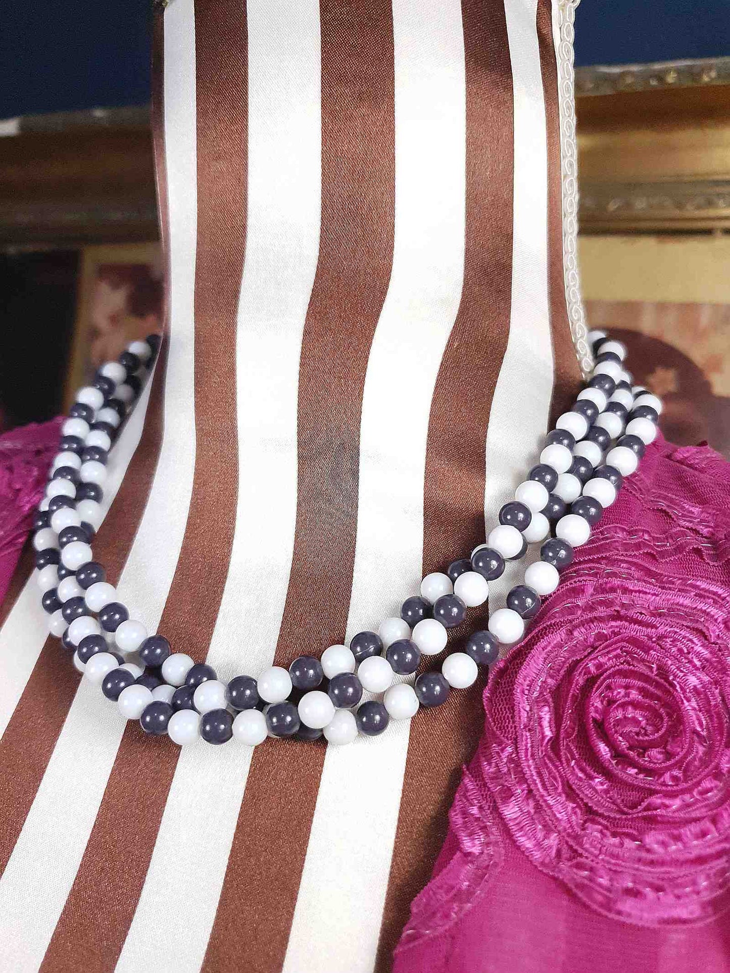 1960s Vintage Mod Blue White Necklace Three Strands Retro