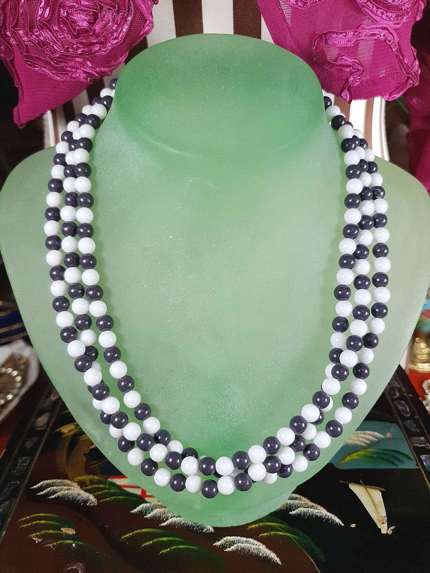 1960s Vintage Mod Blue White Necklace Three Strands Retro