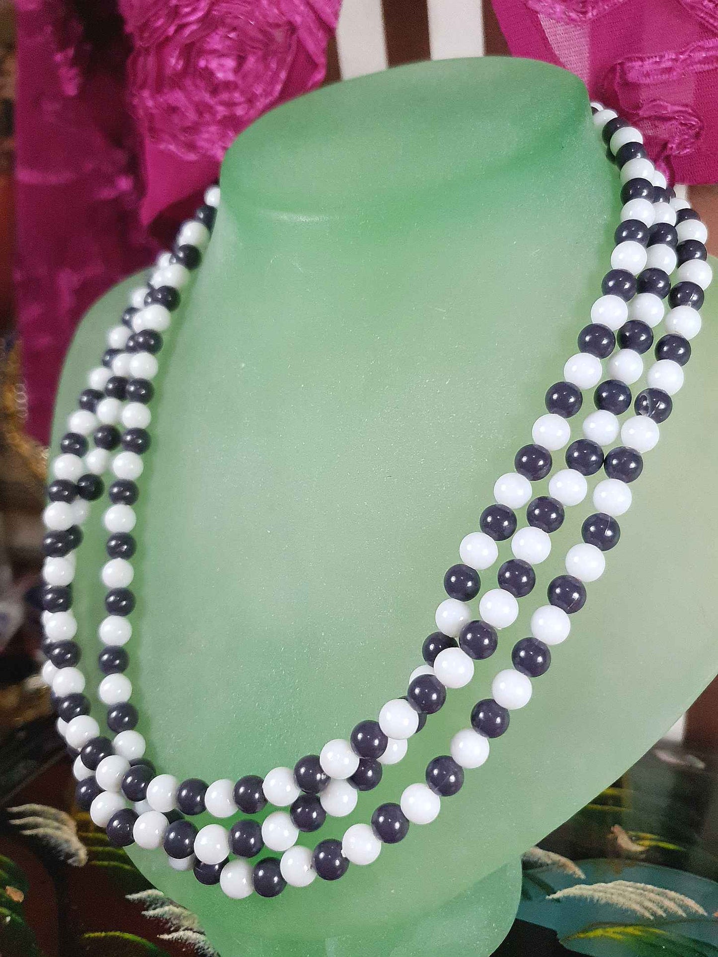 1960s Vintage Mod Blue White Necklace Three Strands Retro