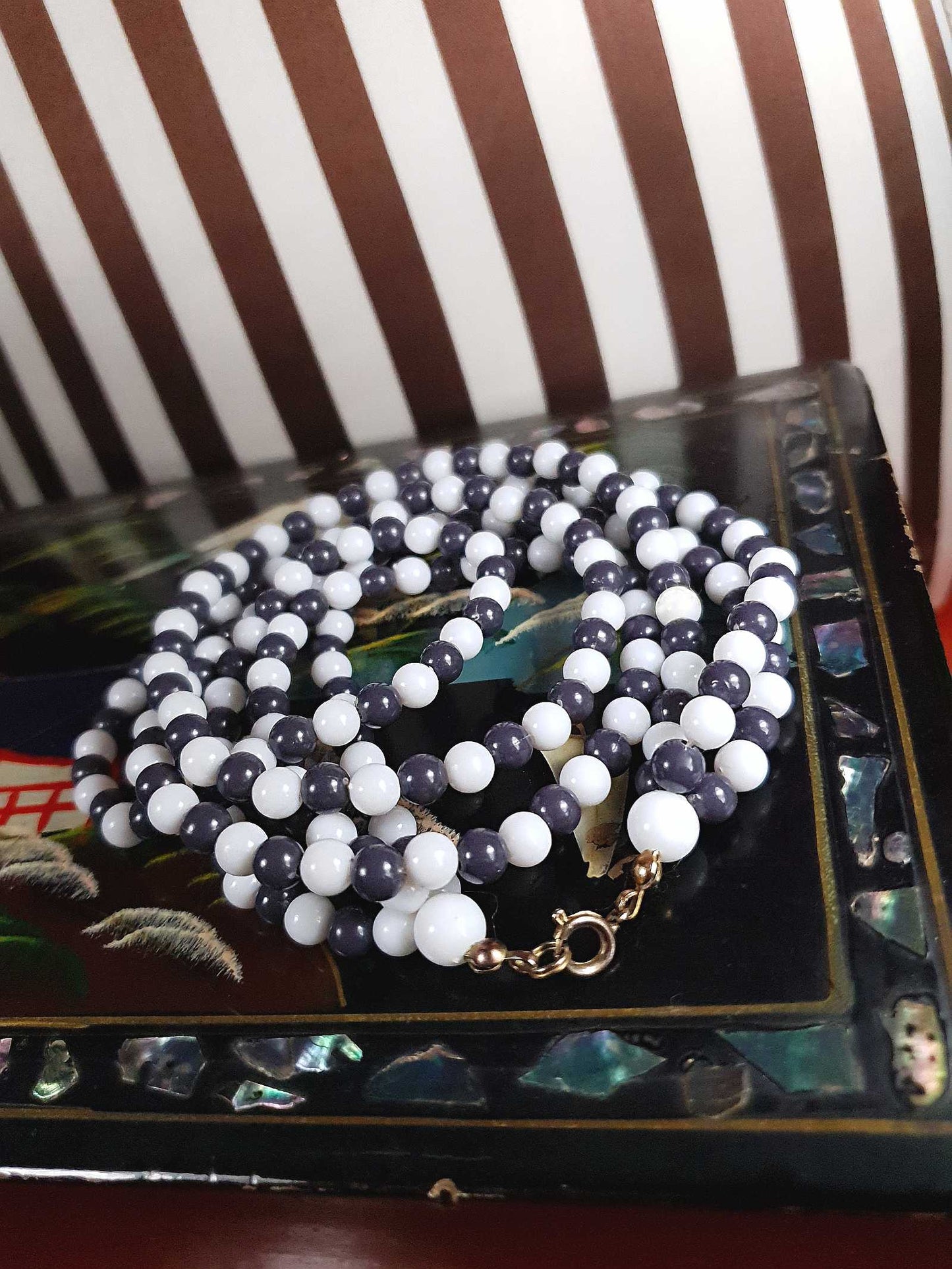 1960s Vintage Mod Blue White Necklace Three Strands Retro