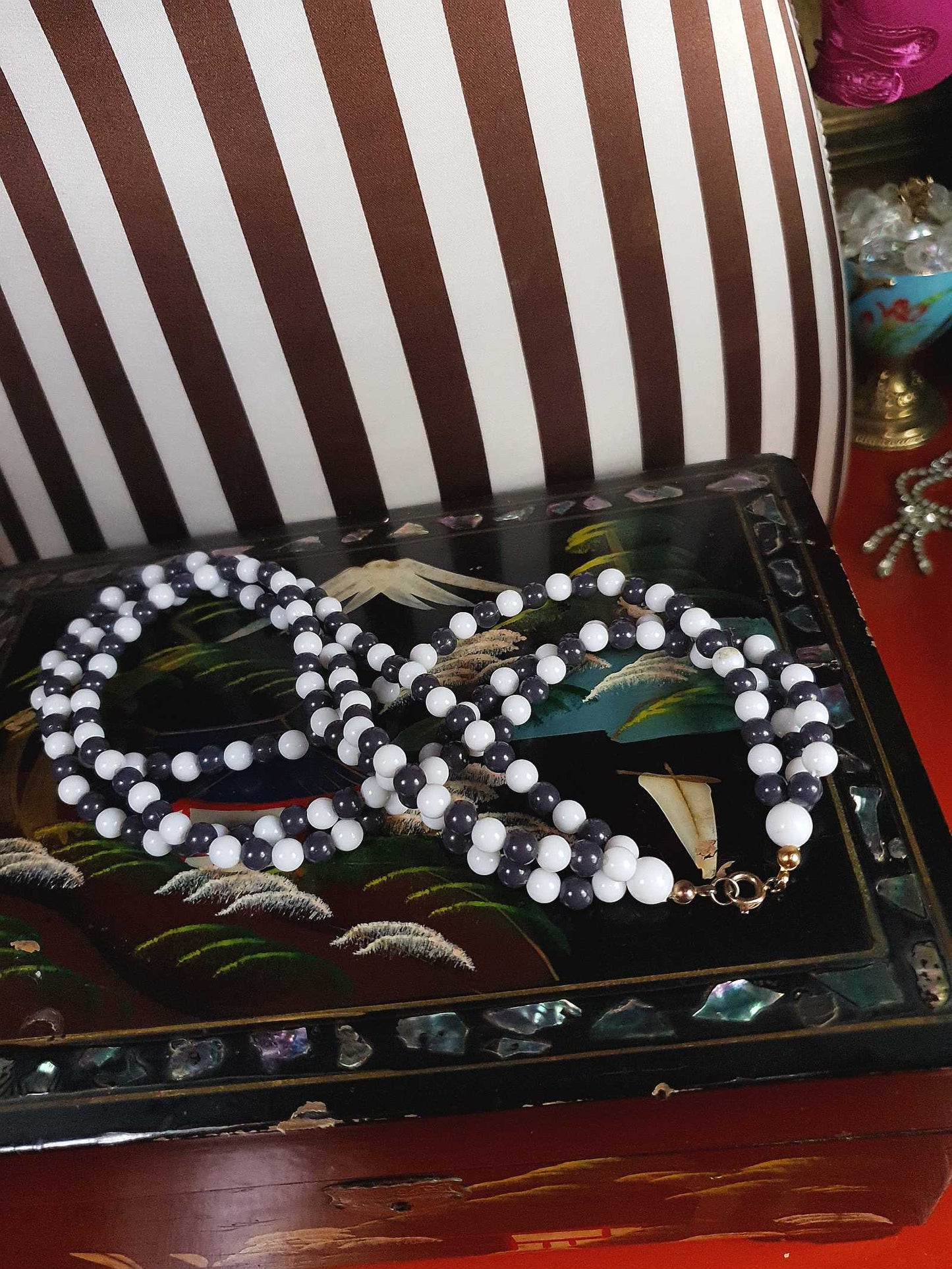 1960s Vintage Mod Blue White Necklace Three Strands Retro