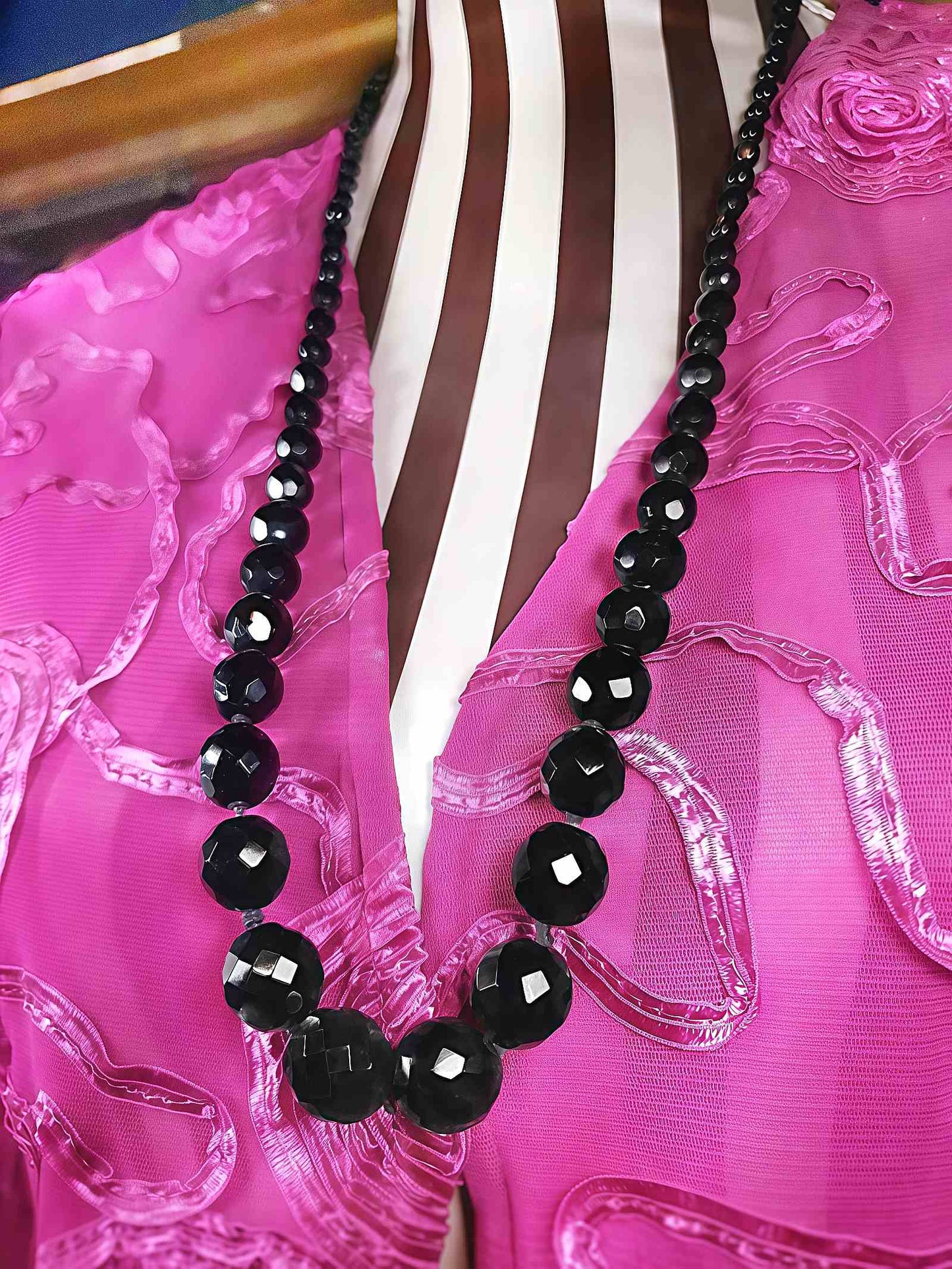 Vintage 1960s French Jet Black Bead Necklace Hand Knotted