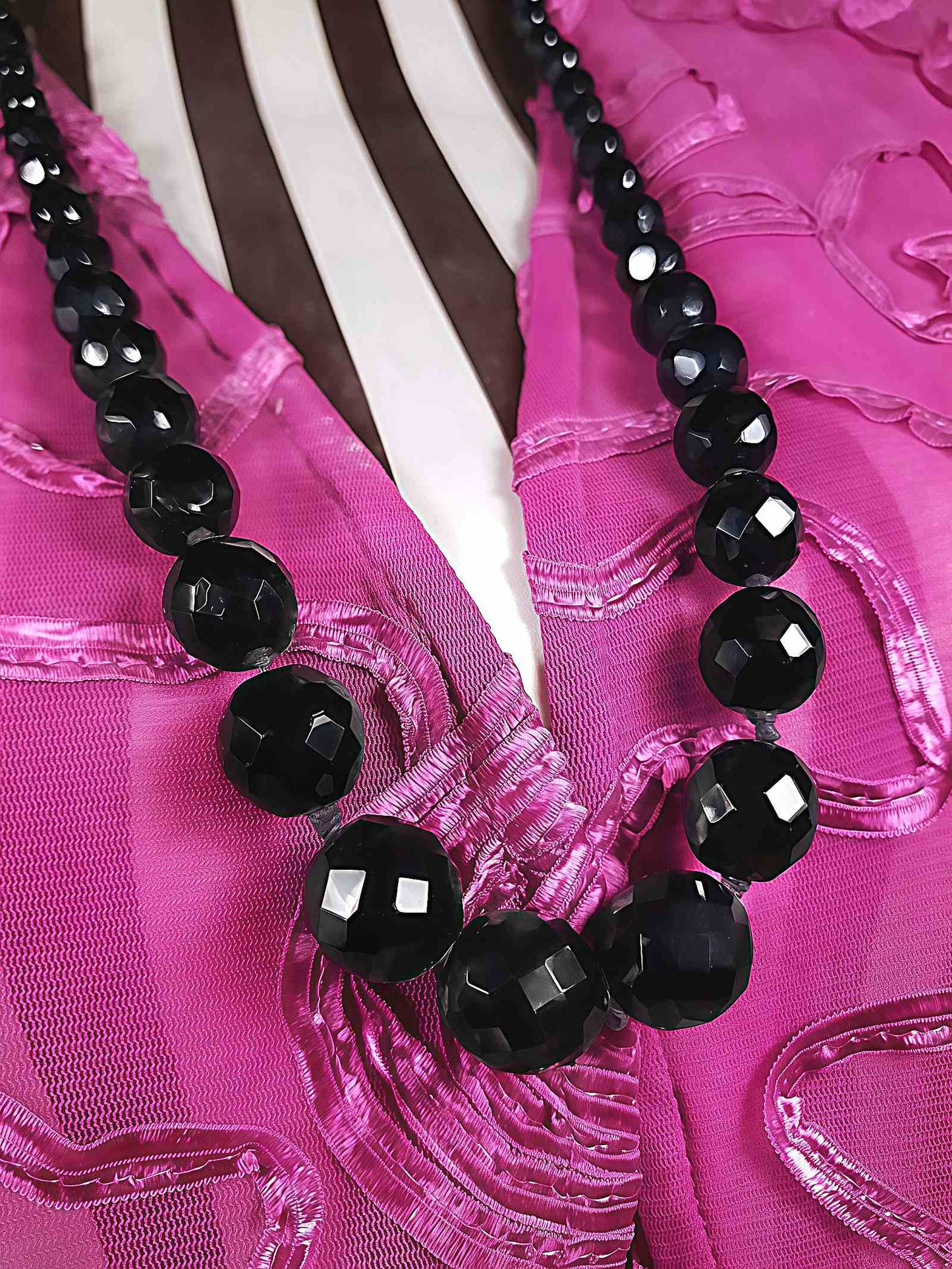 Vintage 1960s French Jet Black Bead Necklace Hand Knotted