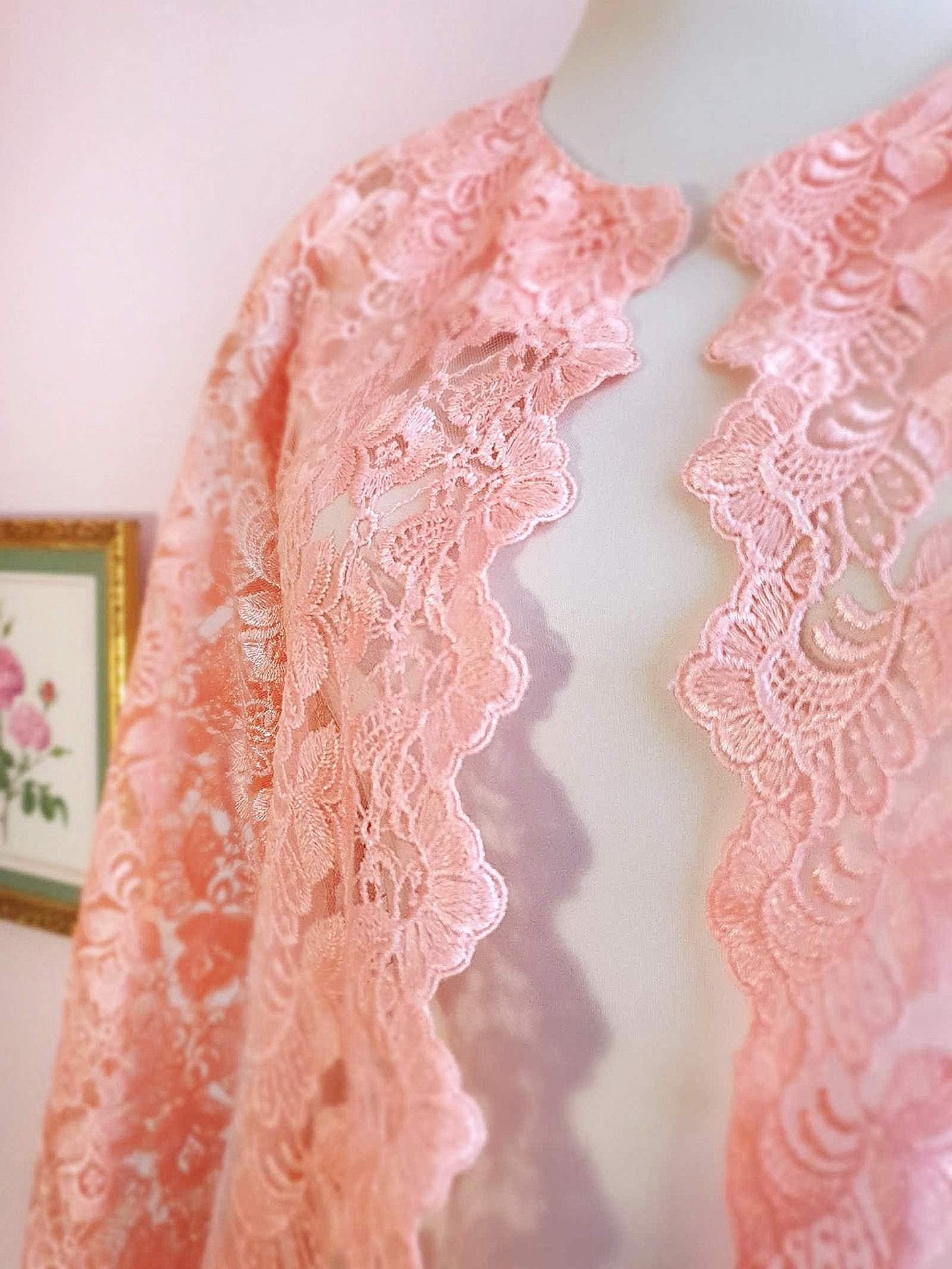 Vintage 1960s Peach Lace House Coat Dressing Gown Evening Retro - Size 12