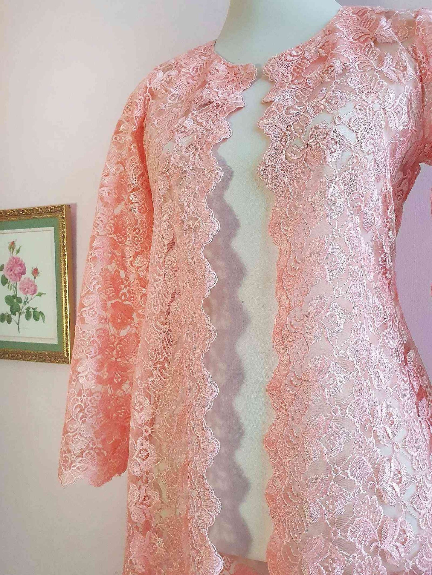 Vintage 1960s Peach Lace House Coat Dressing Gown Evening Retro - Size 12