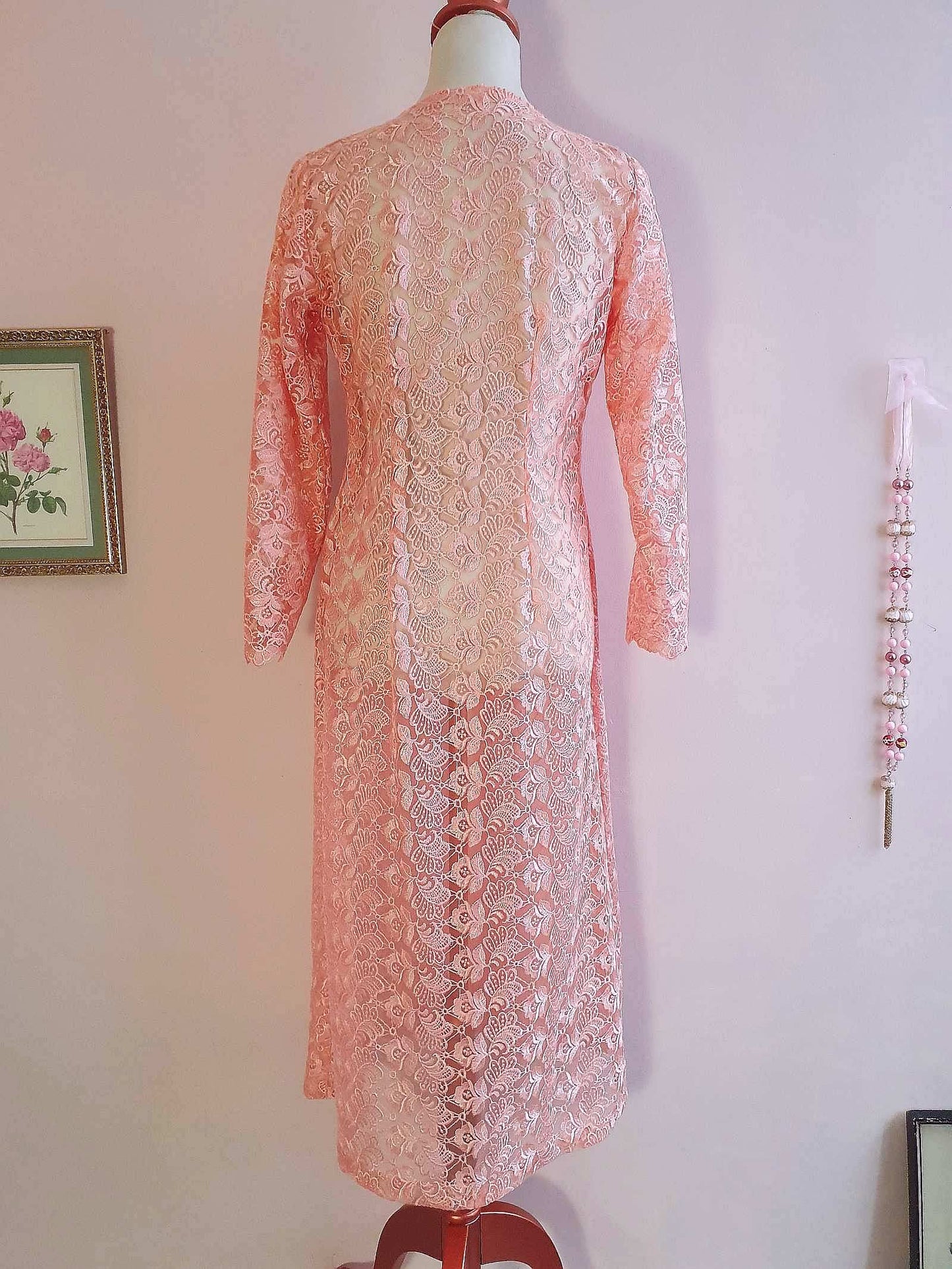 Vintage 1960s Peach Lace House Coat Dressing Gown Evening Retro - Size 12
