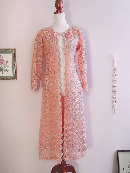 Vintage 1960s Peach Lace House Coat Dressing Gown Evening Retro - Size 12