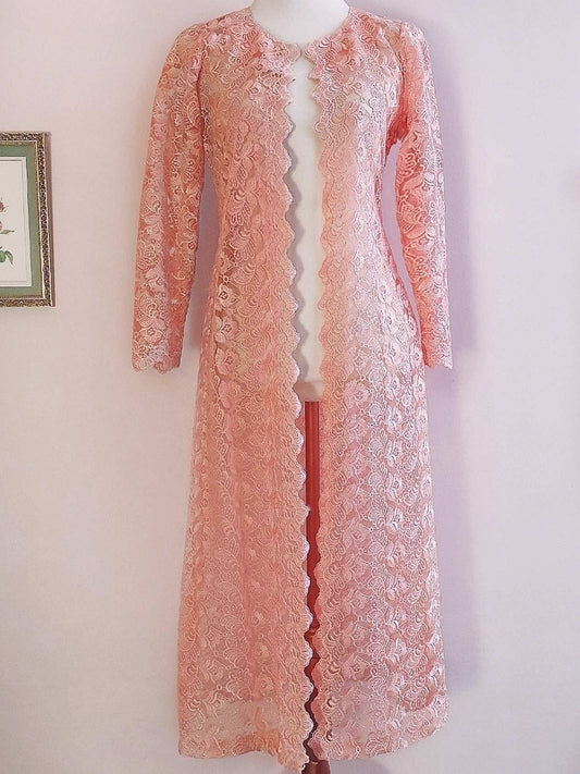Vintage 1960s Peach Lace House Coat Dressing Gown Evening Retro - Size 12