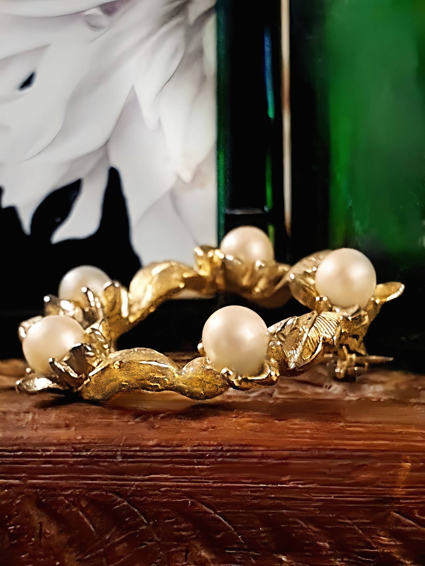Vintage Faux Pearl Wreath Brooch Leaf Pin 1960s Gold Tone
