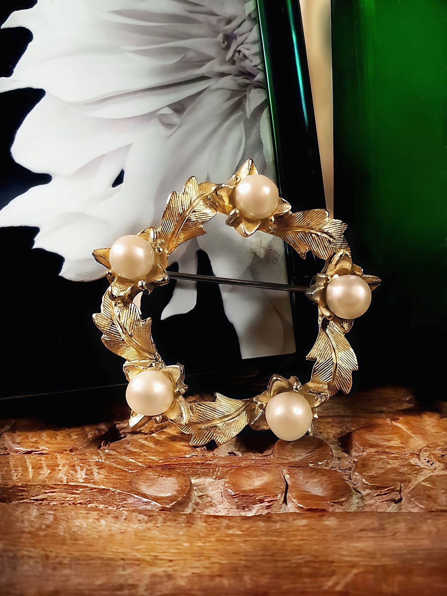 Vintage Faux Pearl Wreath Brooch Leaf Pin 1960s Gold Tone