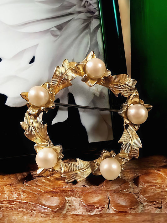 Vintage Faux Pearl Wreath Brooch Leaf Pin 1960s Gold Tone
