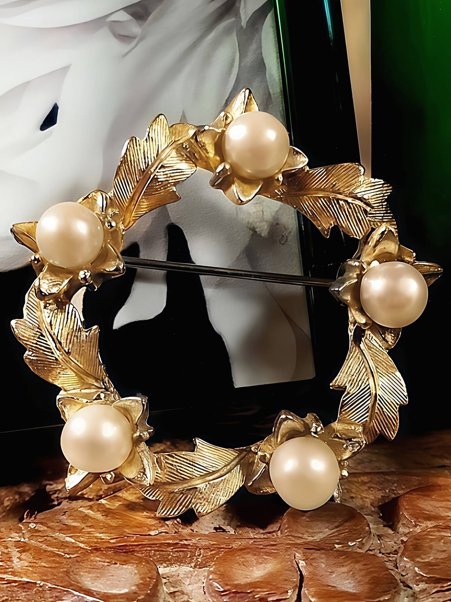 Vintage Faux Pearl Wreath Brooch Leaf Pin 1960s Gold Tone