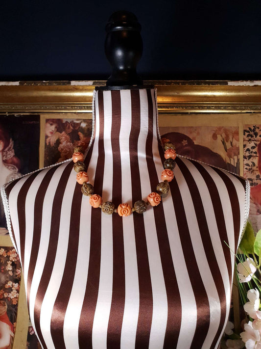 Vintage 1960s Rose Carved Resin Necklace 18" Bohemian Olive Coral Choker