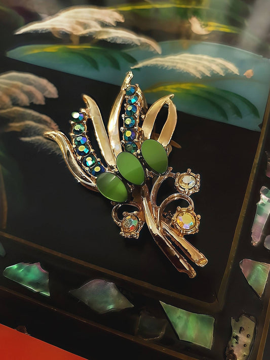 1960s Vintage Floral Spray Aurora Borealis Brooch Thermoset Blue Green