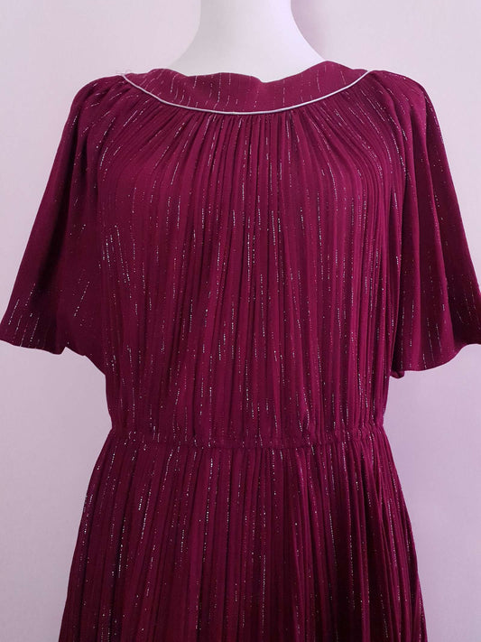 Burgundy Red Midi Dress 1970s - Sparkle Batwing Sleeves Size 16