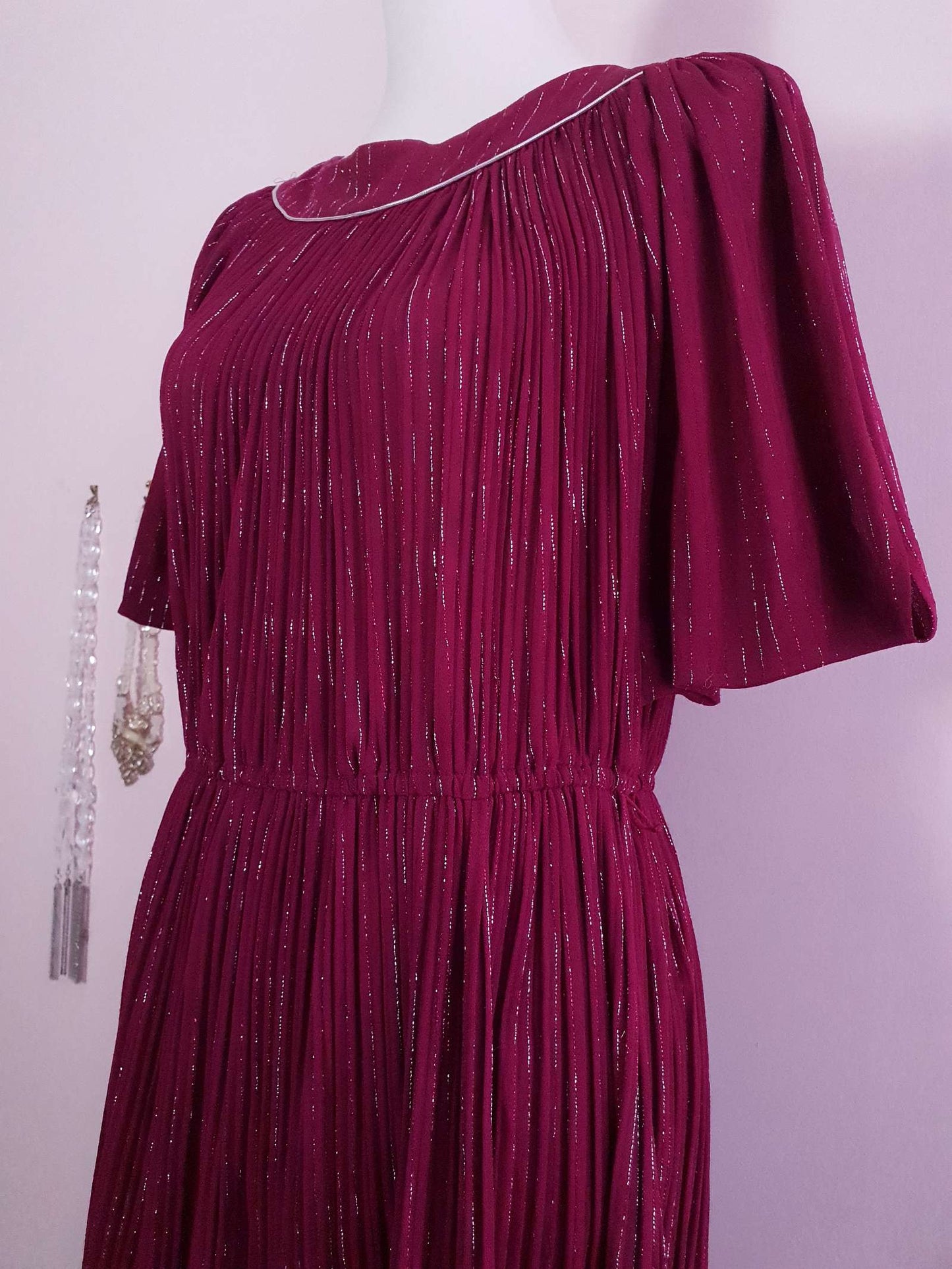 Burgundy Red Midi Dress 1970s - Sparkle Batwing Sleeves Size 16