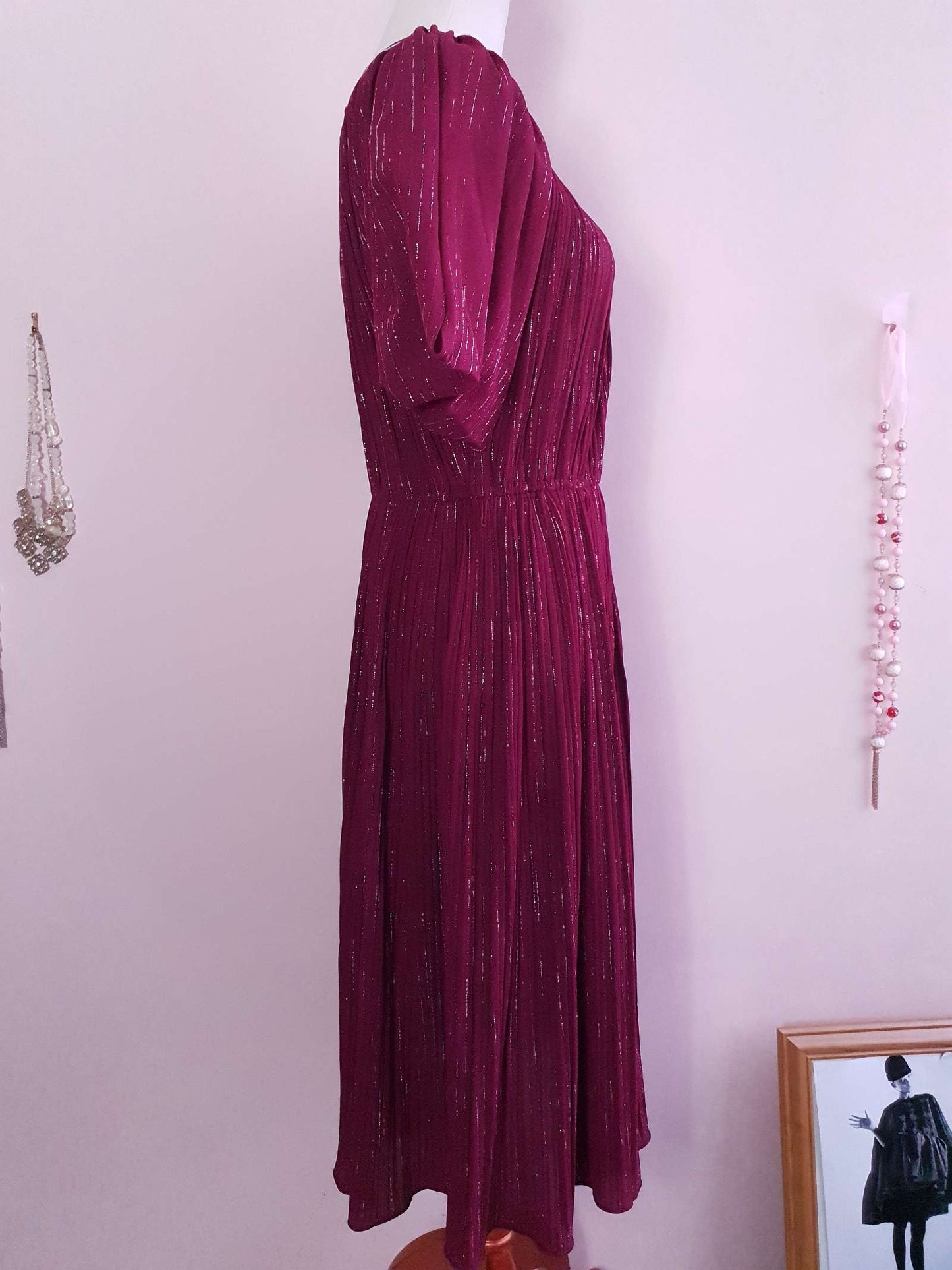 Burgundy Red Midi Dress 1970s - Sparkle Batwing Sleeves Size 16