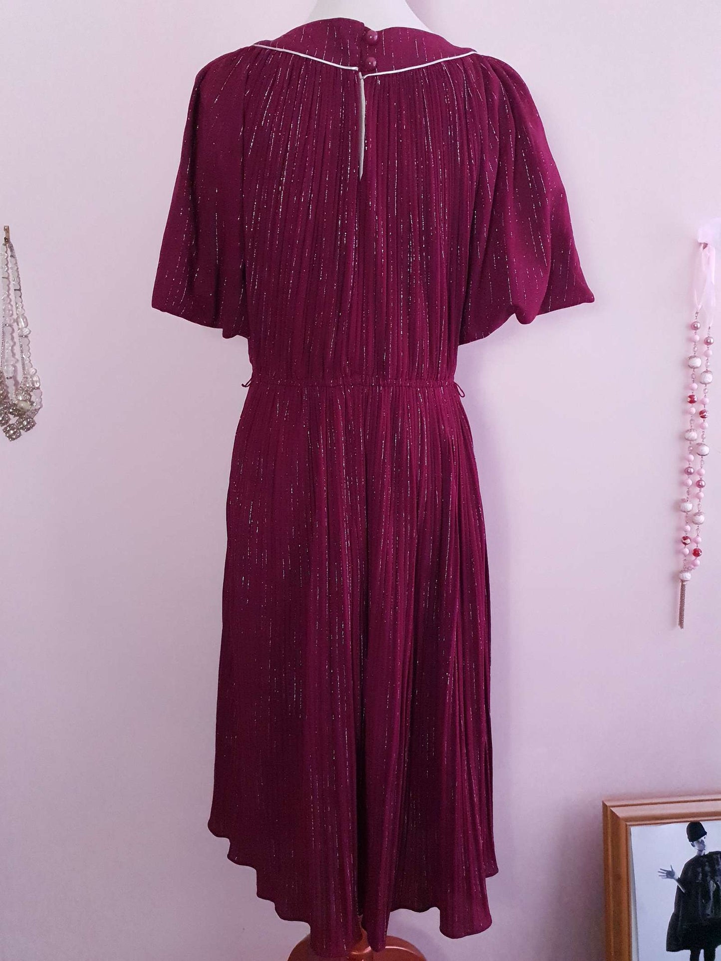 Burgundy Red Midi Dress 1970s - Sparkle Batwing Sleeves Size 16