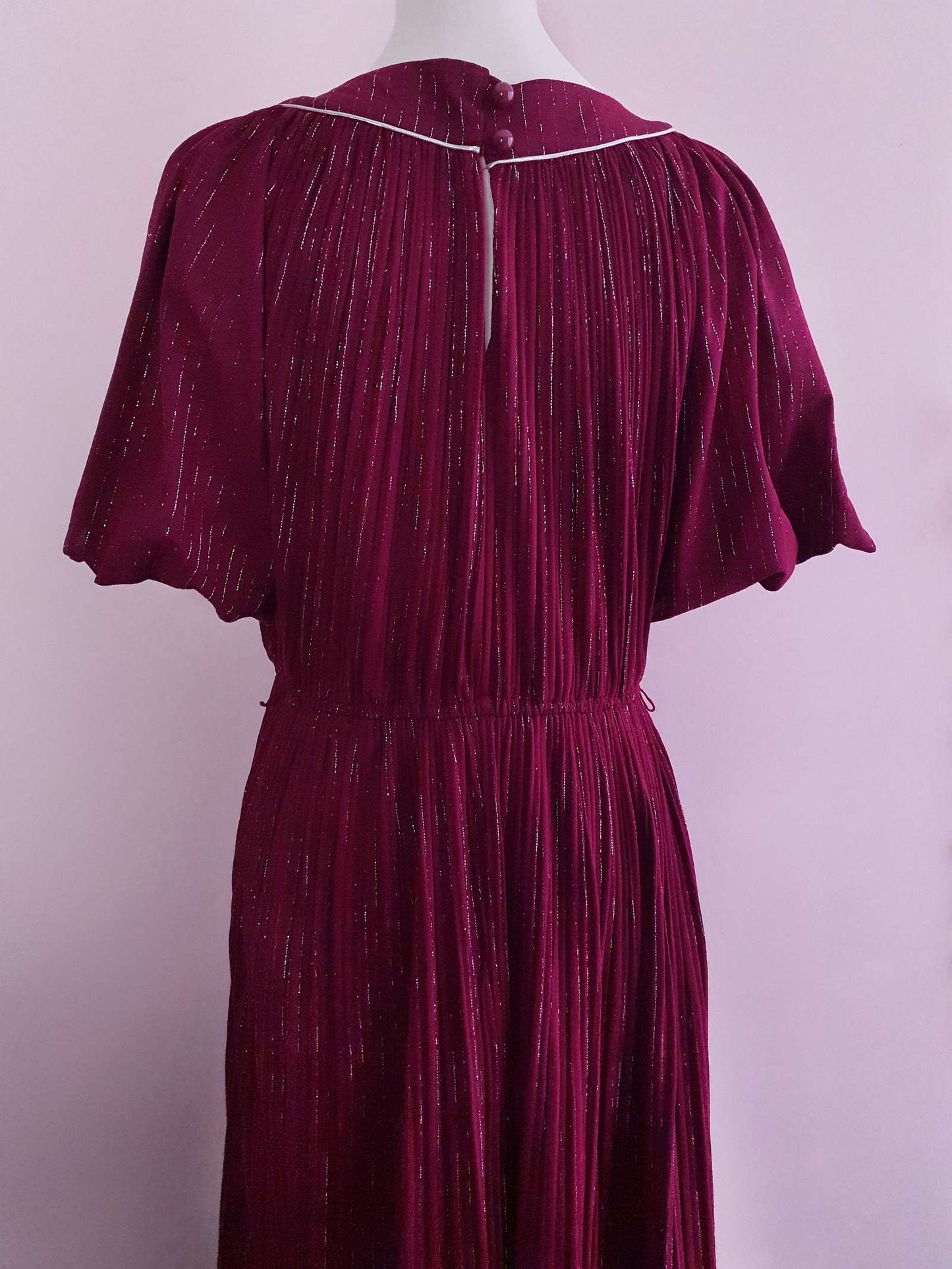 Burgundy Red Midi Dress 1970s - Sparkle Batwing Sleeves Size 16