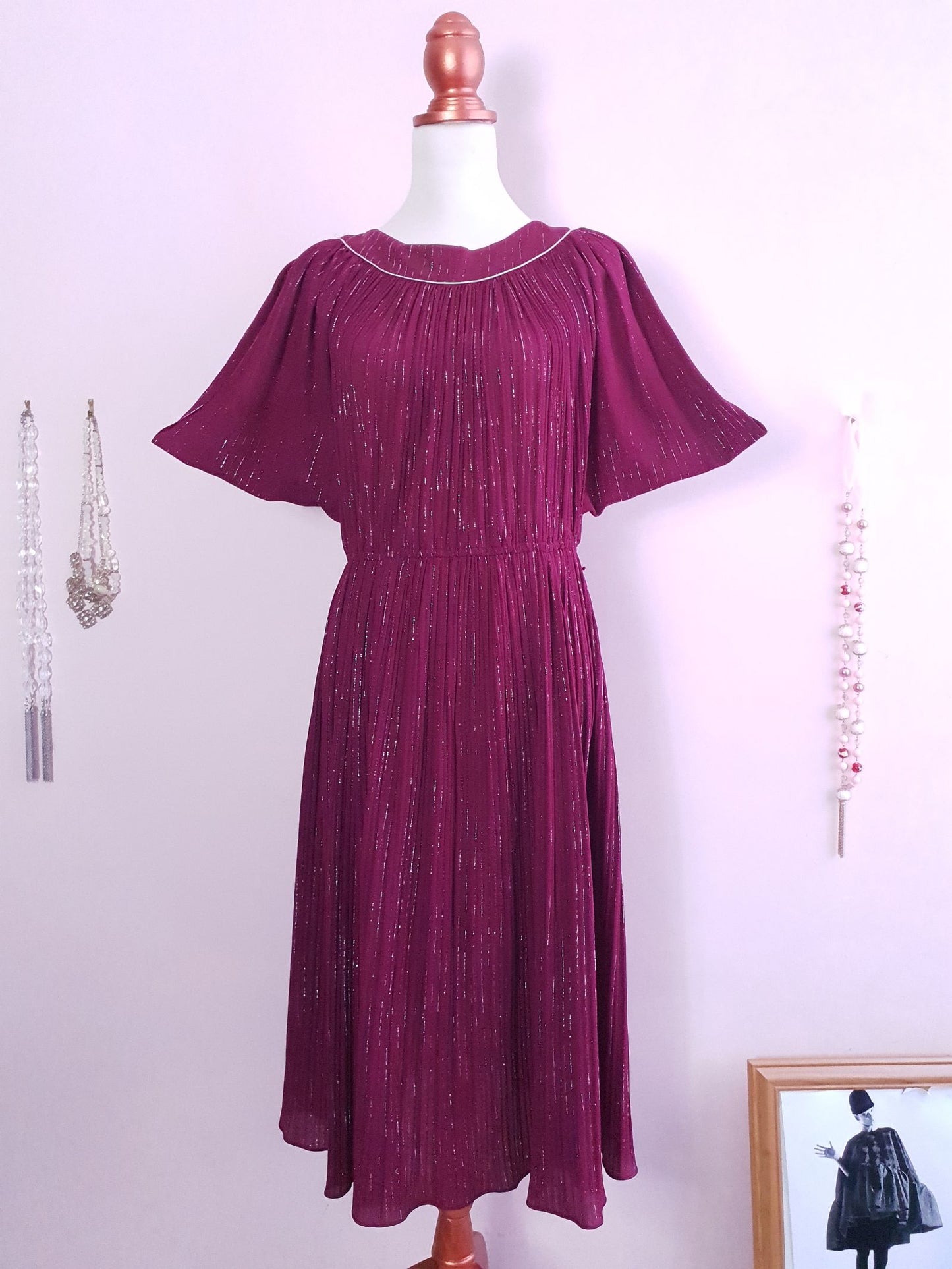 Burgundy Red Midi Dress 1970s - Sparkle Batwing Sleeves Size 16