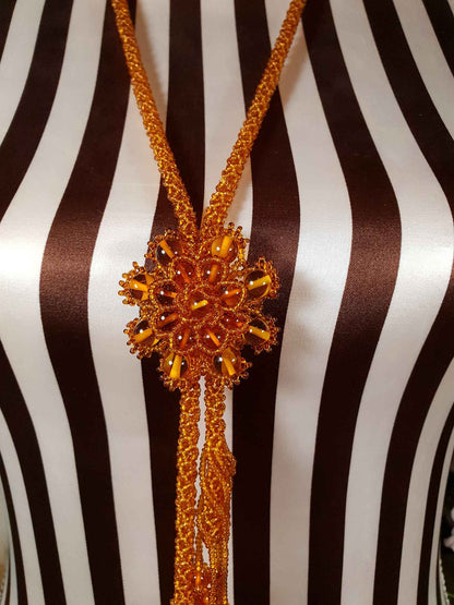 Vintage 1970s Glass Beaded Necklace 33" Lariat Bohemian Amber Yellow Boho