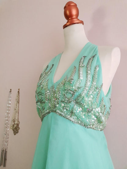 Beautiful 1970s Mint Chiffon Beading Evening Gown Cocktail Dress & Cape - Size 16