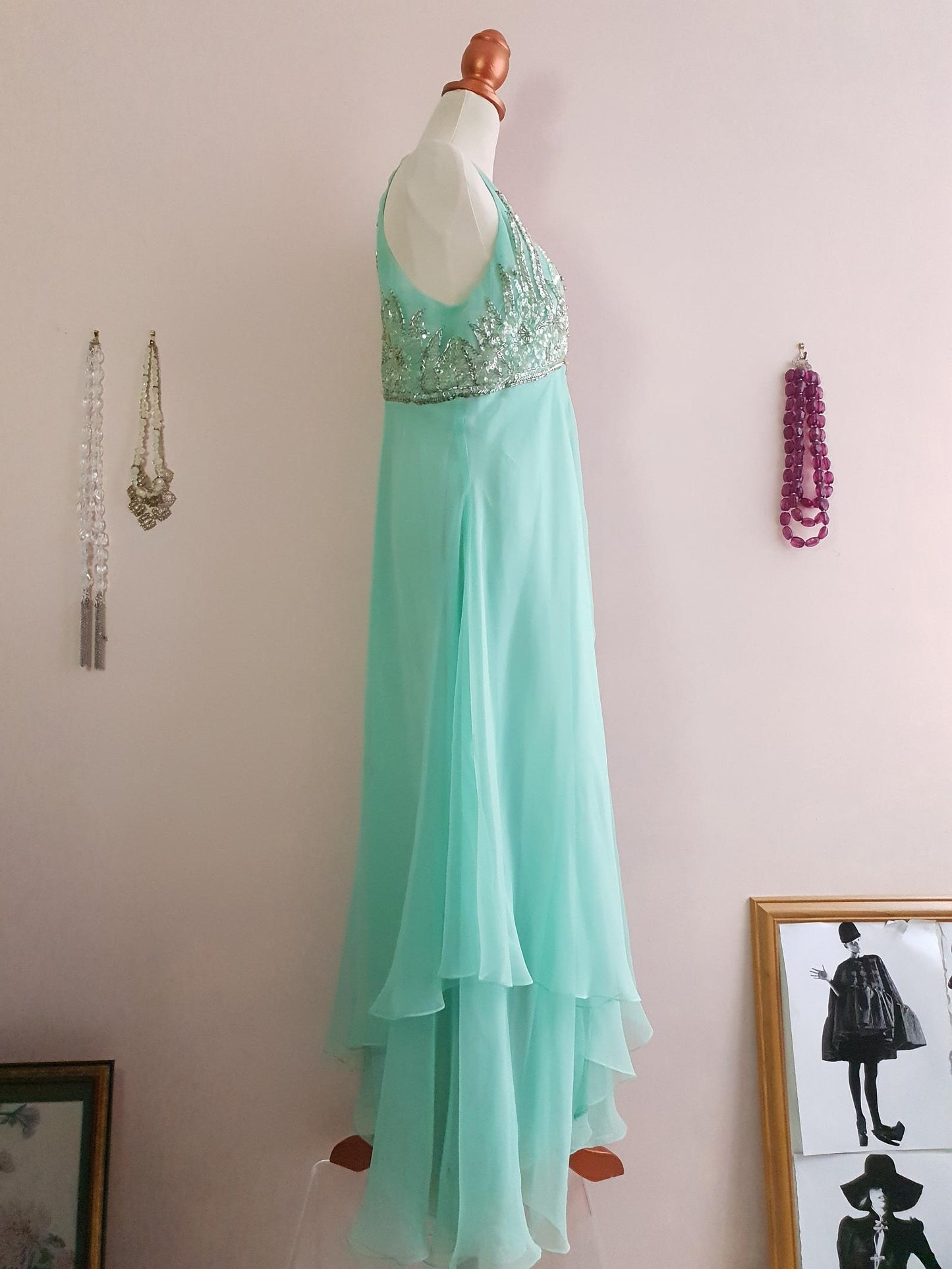 Beautiful 1970s Mint Chiffon Beading Evening Gown Cocktail Dress & Cape - Size 16