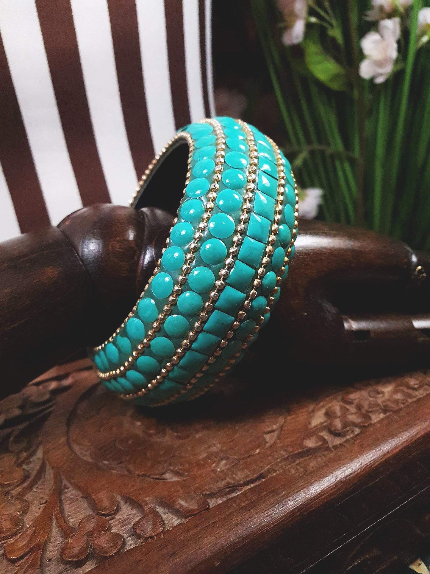 Vintage Turquoise Boho Bangle Bracelet Ceramic Bohemian 1970s