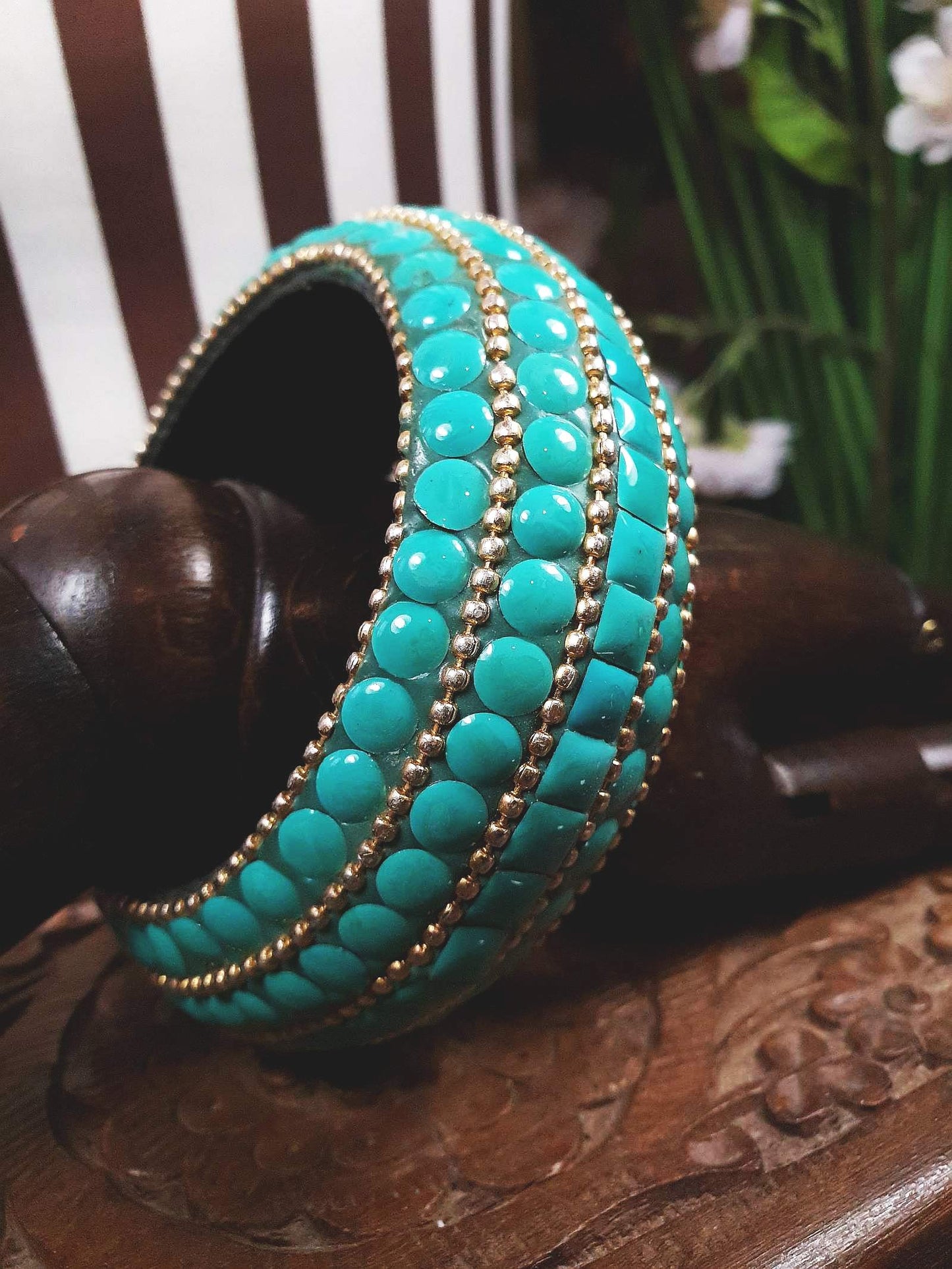 Vintage Turquoise Boho Bangle Bracelet Ceramic Bohemian 1970s