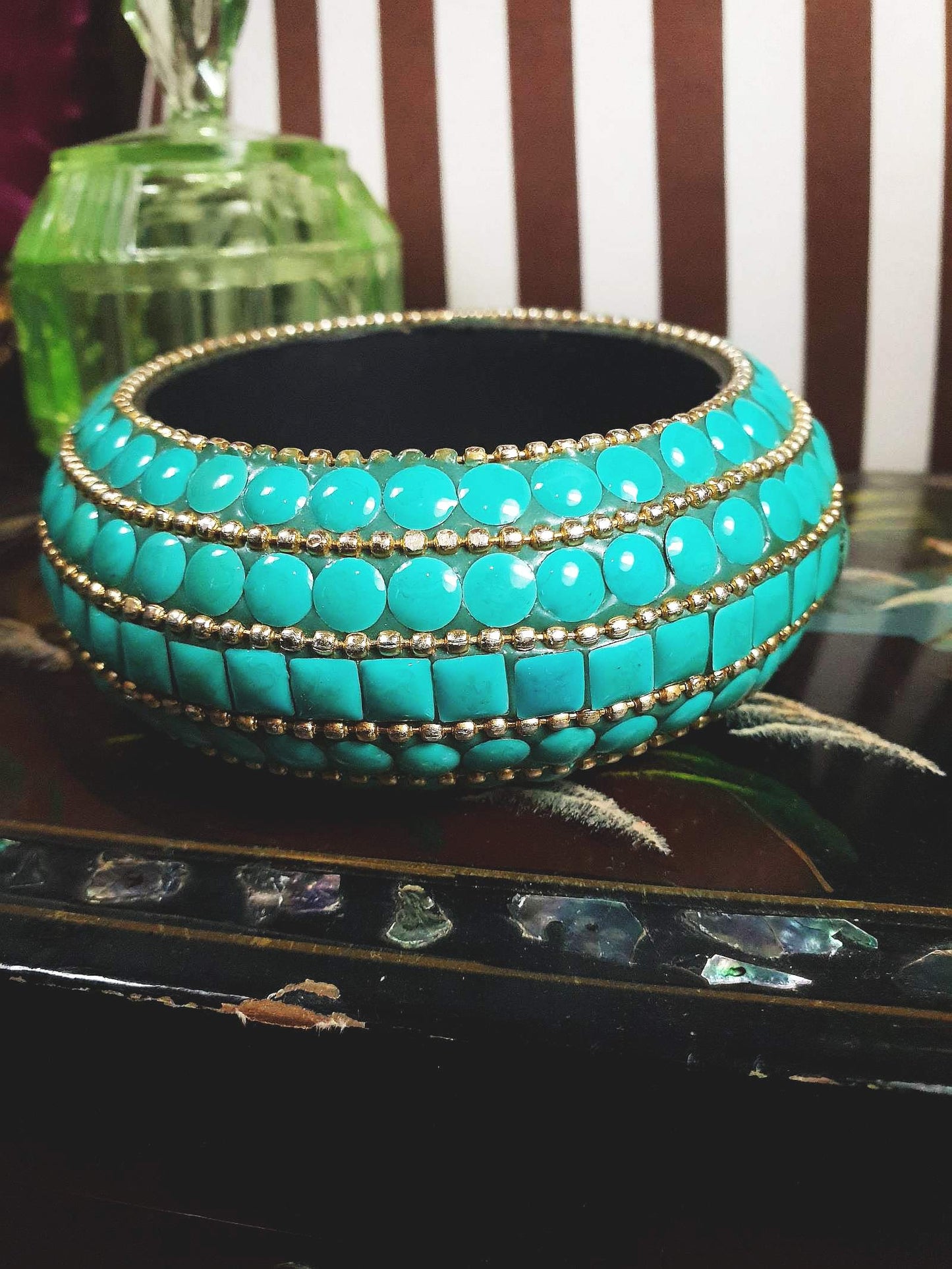 Vintage Turquoise Boho Bangle Bracelet Ceramic Bohemian 1970s