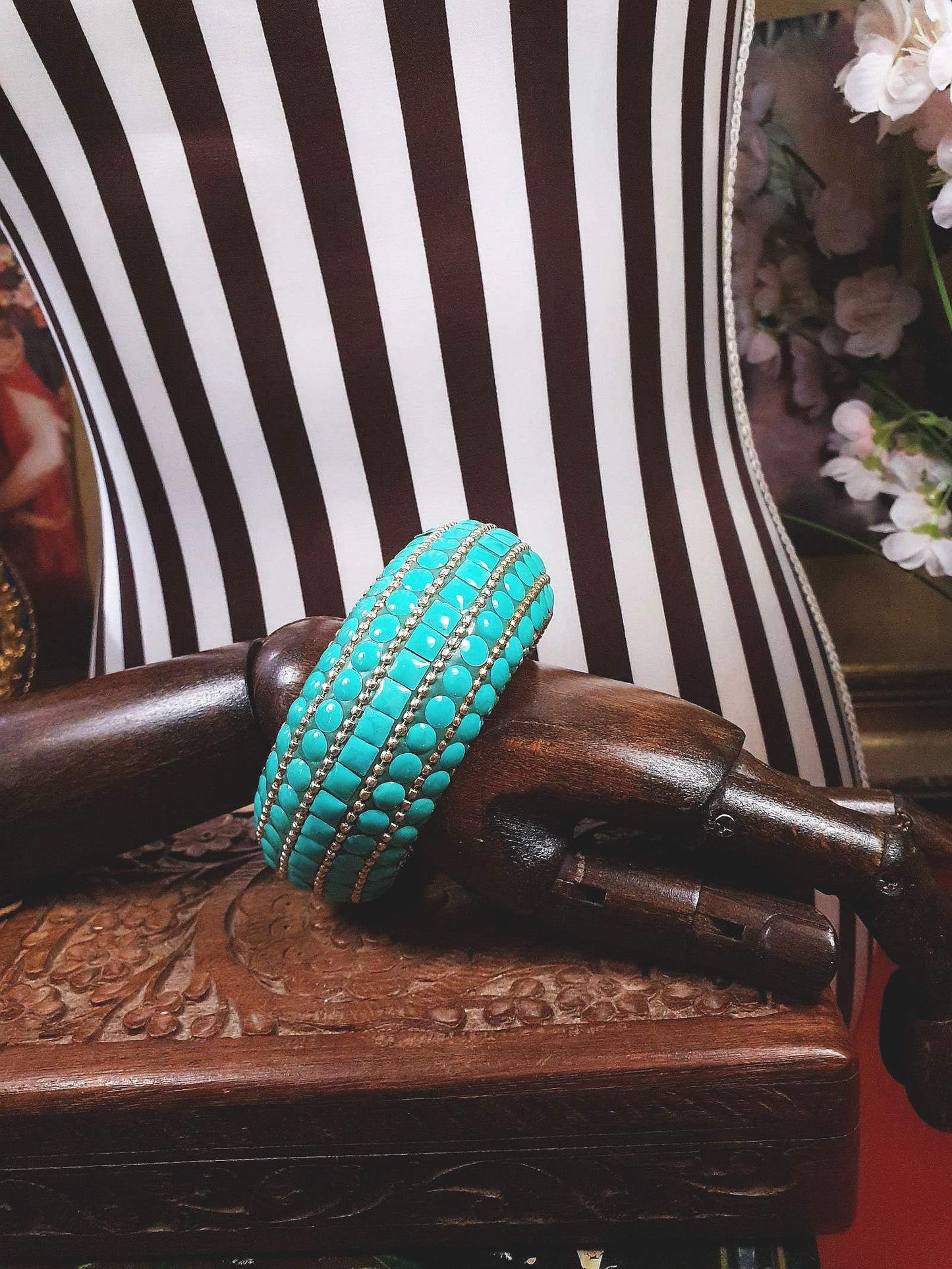 Vintage Turquoise Boho Bangle Bracelet Ceramic Bohemian 1970s