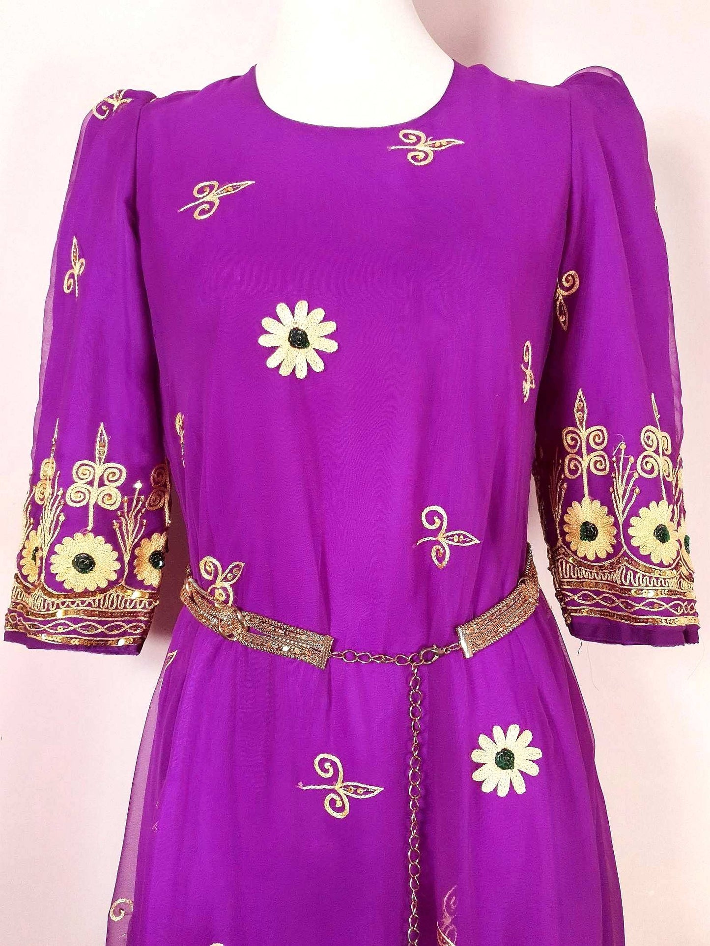 Vintage Purple Chiffon Embroidered Boho Dress 1970s Bohemian Ethnic - Size 12/14