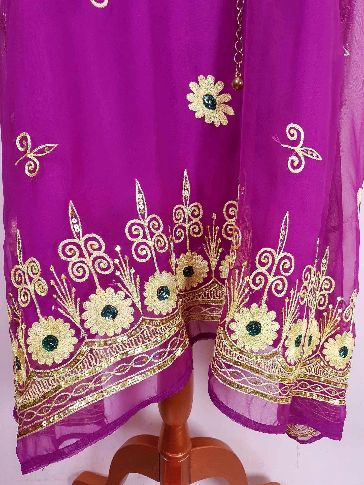 Vintage Purple Chiffon Embroidered Boho Dress 1970s Bohemian Ethnic - Size 12/14