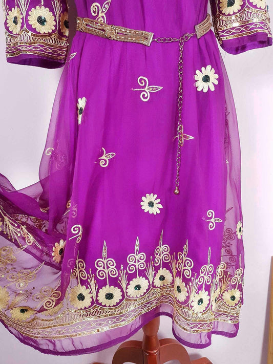 Vintage Purple Chiffon Embroidered Boho Dress 1970s Bohemian Ethnic - Size 12/14