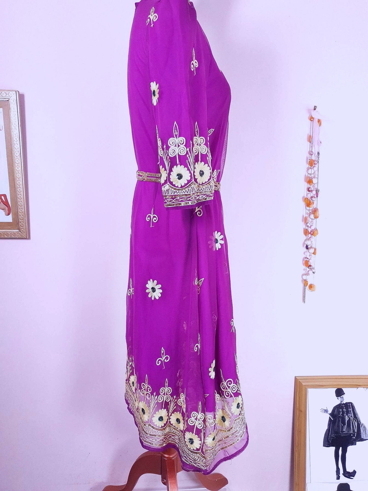 Vintage Purple Chiffon Embroidered Boho Dress 1970s Bohemian Ethnic - Size 12/14