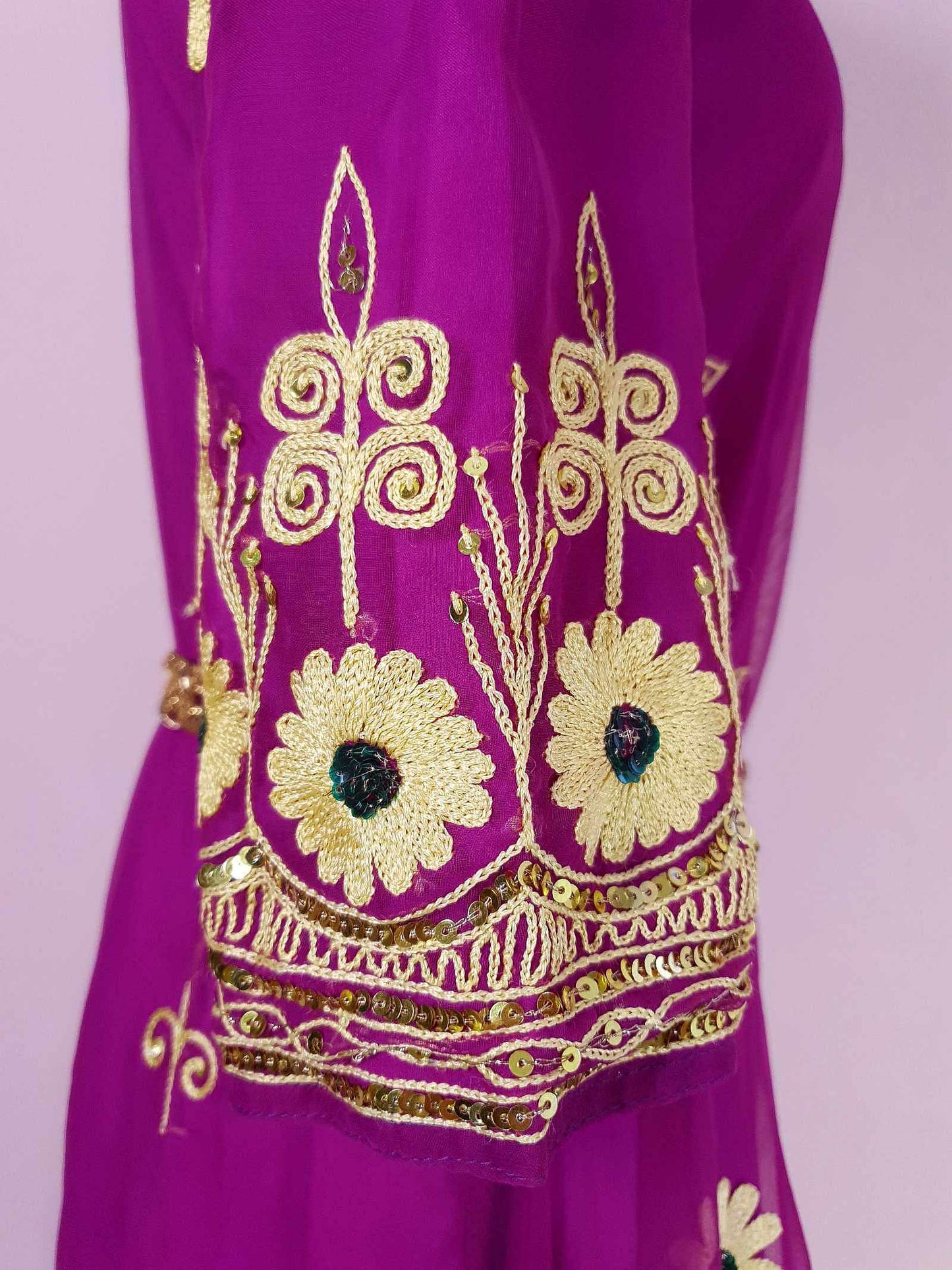 Vintage Purple Chiffon Embroidered Boho Dress 1970s Bohemian Ethnic - Size 12/14