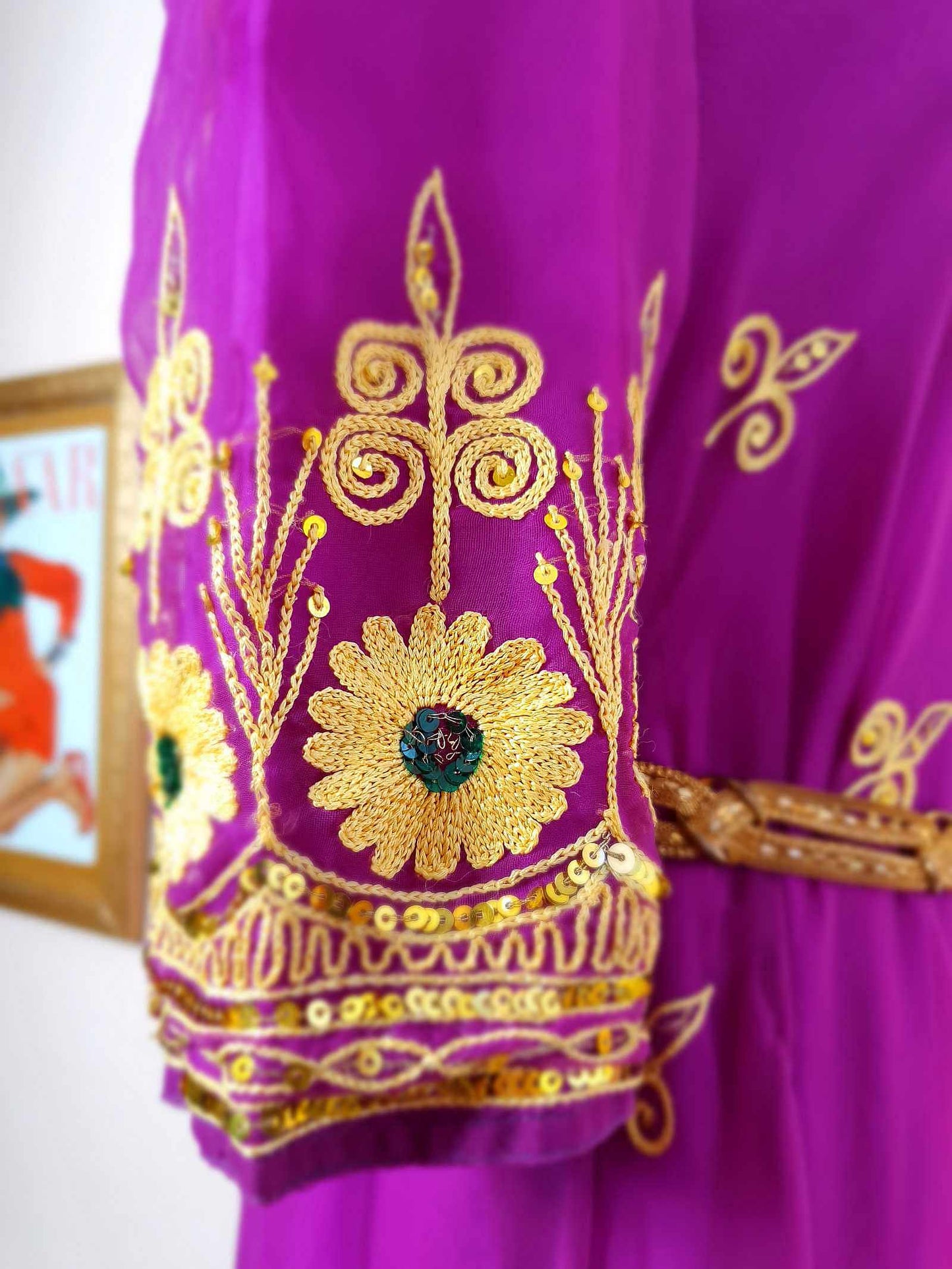 Vintage Purple Chiffon Embroidered Boho Dress 1970s Bohemian Ethnic - Size 12/14