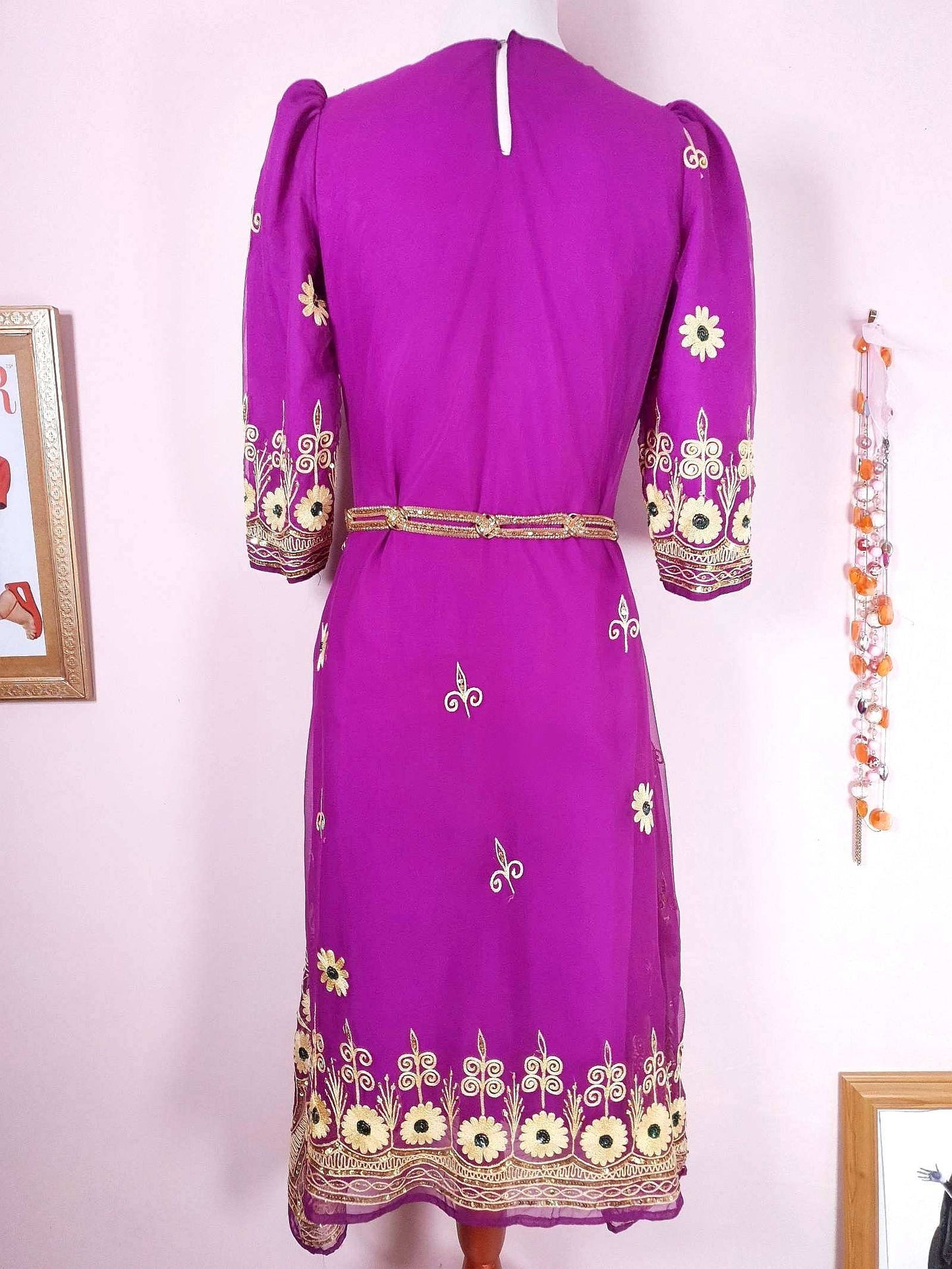 Vintage Purple Chiffon Embroidered Boho Dress 1970s Bohemian Ethnic - Size 12/14